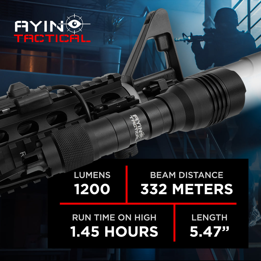 atac r1 liion rechargeable tactical flashlight AYIN 1200 Lumen Rail Mounted Bright White with Adjustable Light Modes, Quick Tap Remote Switch and Mounting Hardware : Sports & Outdoors the light delivers up to 1500 lumens with a maximum beam distance of 290 meters while remaining compact at 6.06 inches in length and weighing approximately 6.56 ounces AYIN Tactical Storm 1200 Lumen
