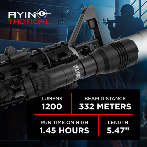AYIN Tactical Storm 1200 Lumen Long Gun Light, Rechargeable, Dual Fuel